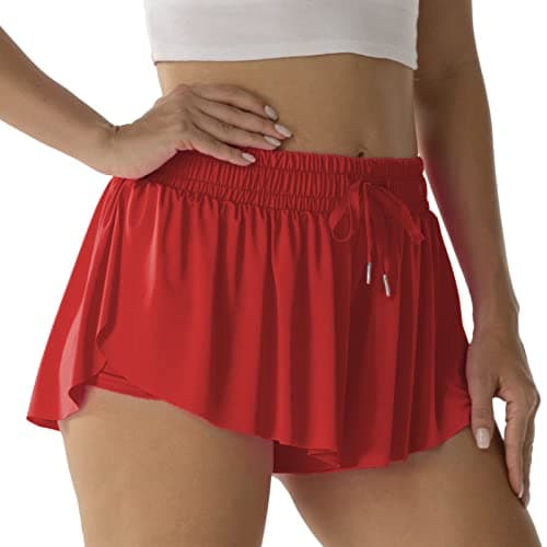 Flowy Athletic Shorts for Women Running Tennis Butterfly Shorts Girls 2-in-1 Double Layer Quick-Drying Comfy Shorts (Red, Small) - Image 1