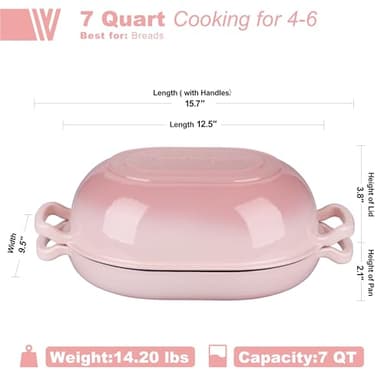 VORRINGARD Enameled Cast Iron Sourdough Bread Oven, Dutch Oven, Loaf Cast Iron Bread Pan for Homemade Bread Baking, Meatloaf Pan with Lid, 7QT, Pink - Image 2