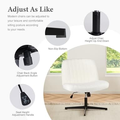 Sweetcrispy Criss Cross Chair Legged, Armless Office Wide Desk Chair No Wheels, Swivel Vanity Height Adjustable Fabric Modern Computer Task Seating for Home - Teddy Beige - Image 3
