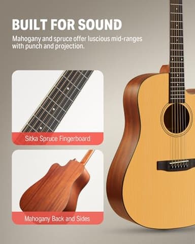 Donner 41” Acoustic Guitar Bundle for Beginners Adults with Online Lesson, 4/4 Full Size Steel Acustica Guitarra with Gig Bag, Tuner, Strap, Strings, Picks, Capos, Cutaway, Natural, DAG-1C/DAD-110C - Image 2