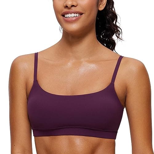CRZ YOGA Womens Butterluxe Adjustable Spaghetti Strap Sports Bra - Scoop Neck Wireless Padded Yoga Workout Crop Top Deep Purple XX-Small - Image 1