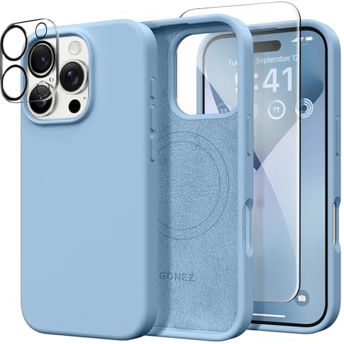 GONEZ Magnetic for iPhone 16 Pro Case, Compatible with MagSafe, [Screen Protector + Camera Lens Protector], Silicone Shockproof Anti-Scratch Protective Phone Case 6.3 inch, Mist Blue - Image 1
