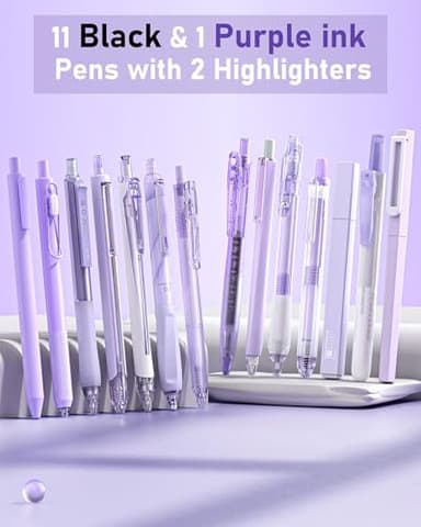Four Candies 14Pack Pastel Gel Ink Pen Set,Cute Retractable 0.5mm Fine Point Pen,11 Pack Black Ink and 1 Pc Purple Ink Pens with 2Pcs Highlighter for School, Office, Mothers Day Gifts(Purple) - Image 2
