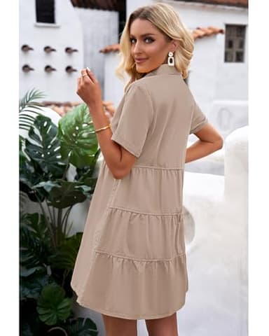GRAPENT Denim Dress for Women Babydoll Tiered Short Sleeve Button Down Jean Shirt Dresses Light Taupe Oversized Boyfriend Loose Fit Large Size 12 Size 14 - Image 3