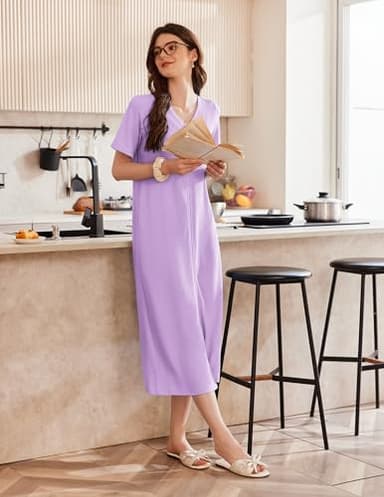 Ekouaer Zip Up Robe for Women Long Housecoat Waffle Knit Bathrobes Cozy Full Length Nightgown with Pockets(Lavender, Medium) - Image 2