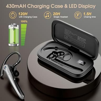 Bluetooth Headset, Wireless Bluetooth Earpiece with ENC Noise Canceling Mic, 120Hrs Talk Single-Ear Headphones, LED Display, IP7 Waterproof Hand-Free Earphone for Business/Trucker/Driver, Black - Image 6