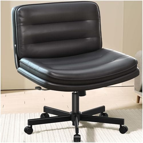 COMHOMA Cross Legged Office Chair with Wheels Armless Office Desk Chair, Modern Vanity Computer Task Chairs for Home Bedroom, Comfortable Wide Seat for Lower Back Pain Relief, PU Leahter, Black - Image 1