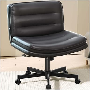 COMHOMA Cross Legged Office Chair with Wheels Armless Office Desk Chair, Modern Vanity Computer Task Chairs for Home Bedroom, Comfortable Wide Seat for Lower Back Pain Relief, PU Leahter, Black - Image 1