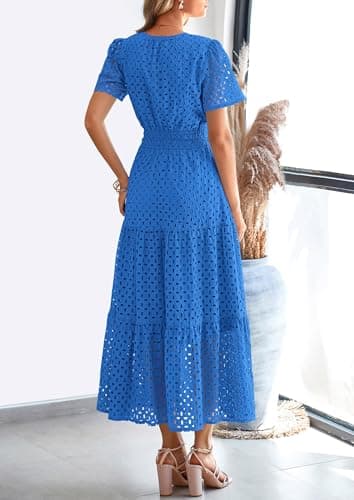 PRETTYGARDEN Womens 2025 Summer Maxi Dress Short Sleeve V Neck Hollow Out Eyelet A Line Long Flowy Beach Vacation Dresses (Blue,Large) - Image 2