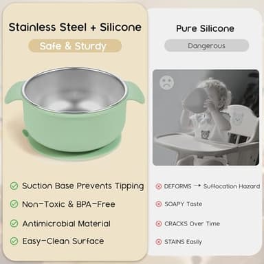 Bella's Friends Stainless Steel and Silicone Baby Bowls with Suction 3 Pack, 4.3” for Toddlers Kids Feeding, Non-Slip, Non-Toxic, Mess-Free, Dishwasher Safe, Fit High Chair Size, beige green blue - Image 4