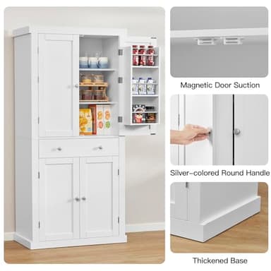 usikey 72” Pantry Cabinet, Tall Kitchen Storage Cabinet with 4 Doors and 1 Drawer, Cupboard with 6 Hanging Shelves and Adjustable Shelves for Kitchen, Dining Room, Living Room, White - Image 8