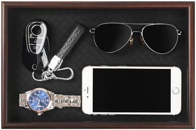 Zosenley Wooden Valet Tray with Leather Base - Nightstand Catchall Organizer for Cologne, Perfume, Keys, Wallet, Phone, Watch, Jewelry & Sunglasses (Black - Image 2