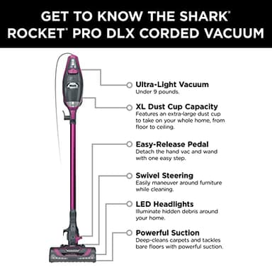 Shark HV371 Rocket Pro DLX Corded Stick, Removable Hand Vacuum, Advanced Swivel Steering, XL Cup, Crevice Tool, Upholstery Tool & Anti-Allergen Dust Brush, Fuchsia, Capacity - Image 12