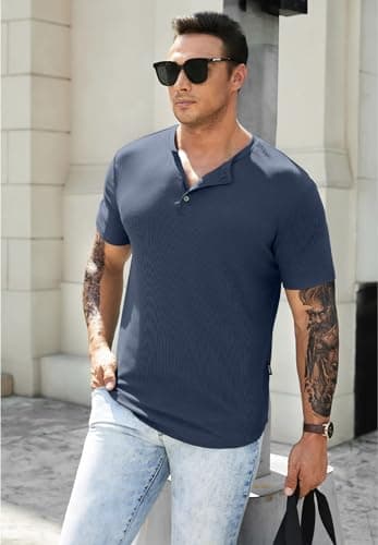 JMIERR Mens Muscle Slim Fit Button Henley Shirts Summer Crewneck Short Sleeve Longline Fitted T-Shirt Gym Workout Athletic Tees Shirt for Men, L, Blue1 - Image 8