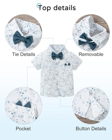 YALLET Toddler Baby Boy Clothes Suit Gentleman Wedding Outfits, Formal Dress Shirt+Bowtie+Suspender Pants(Blue Print, 3-4T) - Image 3