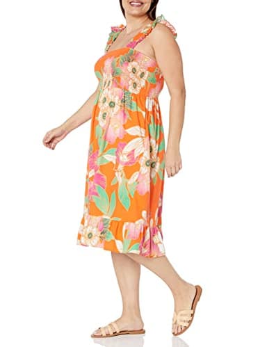 The Drop Women's Kimi Ruffled Shoulder Smocked Midi Dress, Fire Orange Floral, XS - Image 7