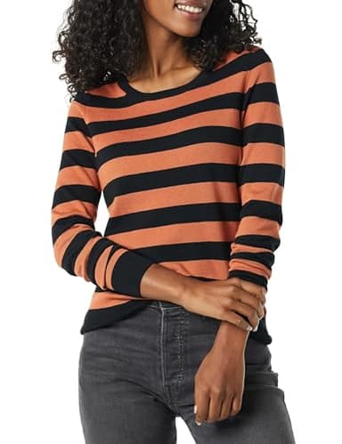 Amazon Essentials Women's Long-Sleeve Lightweight Crewneck Sweater (Available in Plus Size), Black Caramel Rugby Stripe, X-Large - Image 1