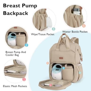mommore Diaper Bag Backpack, Breast Pump Backpack for Spectra S1,S2 Medela Pumping Backpack for Working Moms with 15.6 inch Laptop Sleeve, Champagne - Image 4