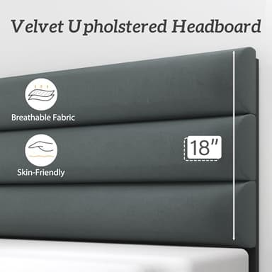 Fluest King Bed Frame, Platform Bed with Velvet Upholstered Headboard, No Box Spring Needed, Sturdy Metal Support, Noise Free, Easy Assembly, Mattress Foundation, Modern Bedroom Furniture, Grey - Image 3