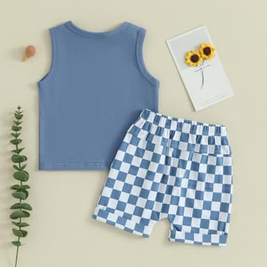 Kupretty Baby Boy Summer Clothes Sleeveless Tank Tops Vest T-Shirt + Casual Checkerboard Shorts Toddler Outfits Set (Checkered Shorts-Blue, 6-12 Months) - Image 5
