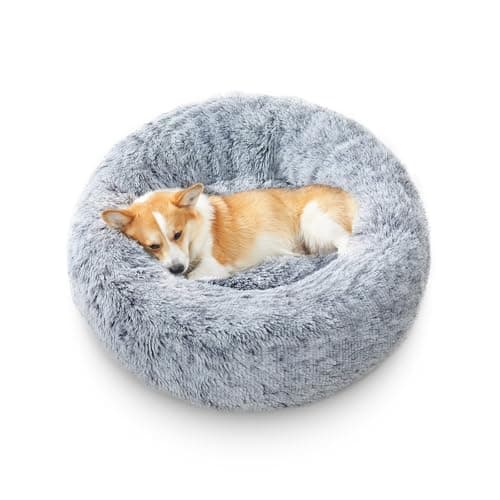 OlaPhum Calming Dog Bed for Medium Size Dogs, Anti-Anxiety Donut Medium Pet Bed Washable, Anti-Slip Round Fluffy Plush Faux Fur Puppy Bed, Fits up to 45 lbs Pets (Dark Grey, 30") - Image 1