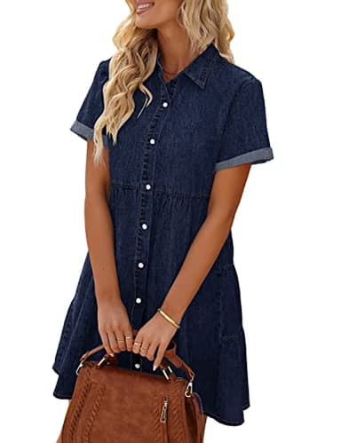 LookbookStore Denim Dress for Women Summer Women's Blue Jean Dress for Summer Short Sleeve Babydoll Dress with Lapel Collar Button Down Dress Loose Denim Dress for Women Casual Twilight Blue Size L - Image 3