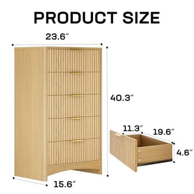 Marsail Fluted 5-Drawer Tall Wooden Dresser, Smooth Gliding Drawers & Large Capacity Storage Space, Modern Organizer Cabinet for Bedroom or Hallway, Natural Oak - Image 2