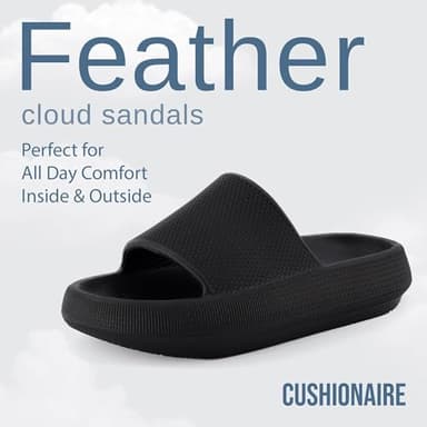CUSHIONAIRE Feather Slides – Comfortable Cloud Cushion House Slippers for Women, Indoor Outdoor EVA Foam Foot Spa Shower Shoes, Non-Slip Arch Support, BLACK 7 - Image 2