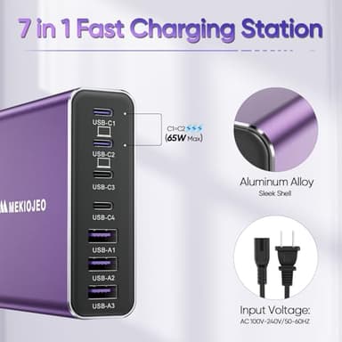 Aluminum Alloy USB C Charger Block Fast GaN Charging Station for Multiple Devices, Dual 65W USB C Laptop Charger for MacBook Pro/Air/iPad Pro/iPhone (Purple) - Image 3