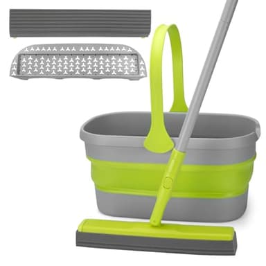 REEWII Sponge Mop and Collapsible Bucket Set with Wringer and Replaceable Mop Sponge Pads for Home Bathroom Tile Hardwood Floor Wall Cleaning - Image 1