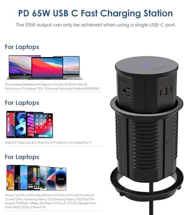 Pop up Outlet for Countertop with 15W Wireless Charger,65W USB C Charging Station,4 Outlets,2 USB C,USB A,Tamper Resistant Receptacle,4.7'' Hole Power Grommet,Office Power Supply,Black - Image 3