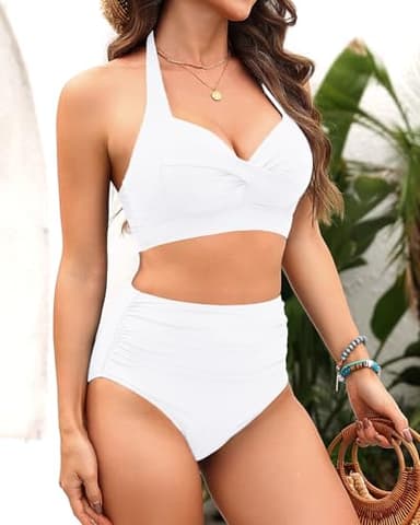 Tempt Me Women's Vintage Swimsuits Pure White Retro Halter Ruched High Waist Bikini with Bottom S - Image 4