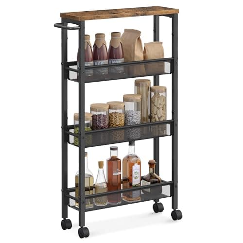 VASAGLE Slim Rolling Cart, 4-Tier Narrow Storage Cart with Handle, 5.1 Inches Deep, Metal Frame, for Kitchen, Dining Room, Living Room, Home Office, Rustic Brown and Classic Black ULRC032B01V1 - Image 1