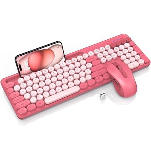 Wireless Keyboard and Mouse Combo, Retro Round Keycaps, Cute Full-Size Typewriter Keyboard with Phone Holder, Sleep Mode, Click Soft, 2.4GHz Cordless Connection for Windows/PC/Laptop (Pink-Colorful) - Image 1