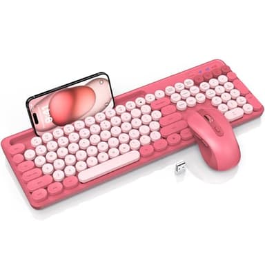Wireless Keyboard and Mouse Combo, Retro Round Keycaps, Cute Full-Size Typewriter Keyboard with Phone Holder, Sleep Mode, Click Soft, 2.4GHz Cordless Connection for Windows/PC/Laptop (Pink-Colorful) - Image 1