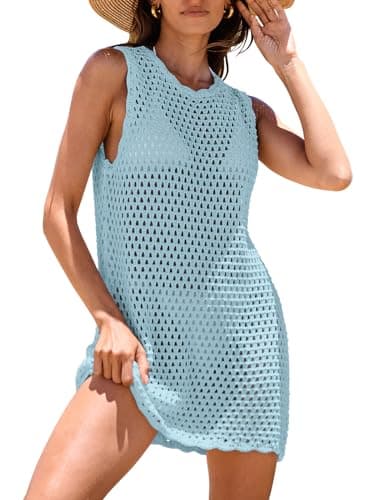 ANRABESS Womens Swimsuit Cover Up Sleeveless Knit 2025 Summer Outfits Swimwear Bathing Suit Coverup Crochet Beach Dress Sky Blue Medium - Image 1