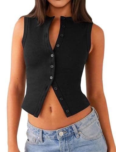 Matunana Womens Going Out Tops Summer Ribbed Tank Sexy Crop Cute Y2K Button Down Sleeveless T Shirts Casual Basic Tee Trendy Fashion Outfits Spring Clothes 2025 Black - Image 1