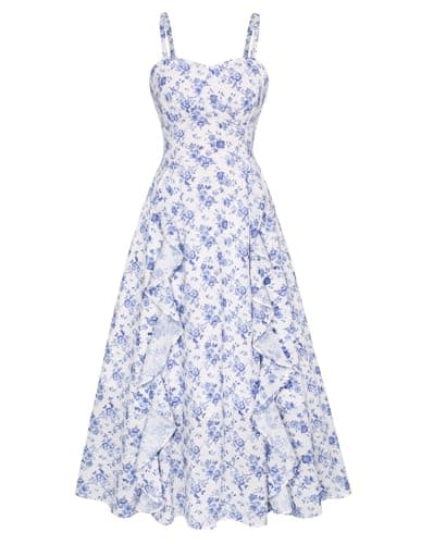 Belle Poque Spaghetti Floral Midi Dress for Women Spring Wedding Guest Dress Cottagecore Dress Blue Floral L - Image 1