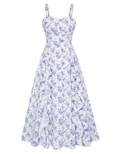Belle Poque Spaghetti Floral Midi Dress for Women Spring Wedding Guest Dress Cottagecore Dress Blue Floral L - Image 1