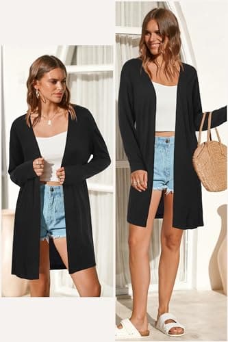 OUGES Women's 2025 Fashion Fall Winter Black Open Front Long Sleeve Lightweight Sweater Cardigan Shirt Clothing with Pockets(Black,M) - Image 2