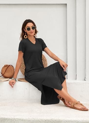 MISFAY Women Summer Midi Dresses Casual Loose Short Sleeve Dress Split Maxi Beach Sundress Travel Vacation Dress with Pockets Black - Image 4