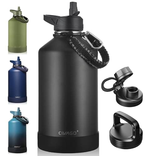 CIVAGO Gallon Insulated Water Bottle Jug with Straw, 128 oz Large Stainless Steel Water Flask, Big Metal Thermal Mug with 3 Lids for Sports, Travel, Gym, and Camping, Black - Image 1