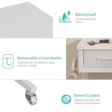 White Portable Rolling Computer Desk - 40 Inch Adjustable Mobile Standing Teacher Desks with 3 Fabric Drawers on Wheels, Couch Sofa Side Laptop Stand Up Table with Storage for Home Office, White - Image 9