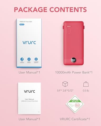 Portable Charger Built-in Cables and AC Wall Plug, VRURC USB C Power Bank 10000mAh, Travel Battery Portable Phone Charger Compact Lightweight External Battery Pack for SmartPhones,Tablets-Viva Magenta - Image 8