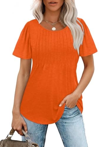 Womens Summer Tops Cute Solid Plain Short Sleeve Dressy Casual T Shirts Curved Hemline Shirts Women's Clothing Orange 3XL - Image 2