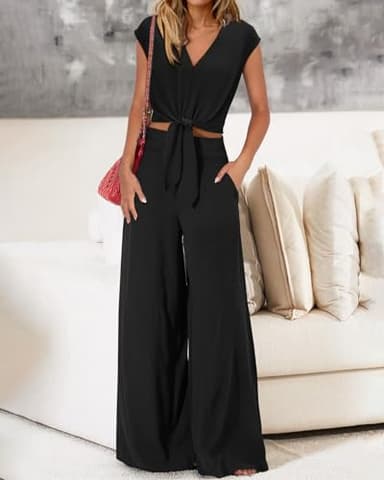 PRETTYGARDEN Women's Summer 2 Piece Outfits 2025 Cap Sleeve V Neck Belted Crop Tops Wide Leg Pant Sets Casual Tracksuit(Solid Black,Large) - Image 3