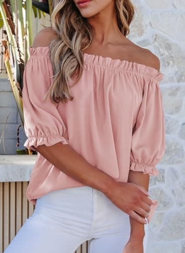 EVALESS Spring Tops for Women Trendy 2025 Business Casual Outfits Summer Short Sleeve T Shirts Sexy Off The Shoulder Blouses Work Clothing Pleated Peplum Tunic Tops Womens Pink Shirts, Large - Image 3