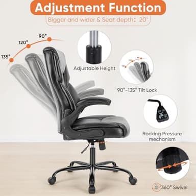 Sweetcrispy Ergonomic Computer Gaming Office Chair, Heavy Duty Task Desk Swivel Rolling Chairs with Wheels, Flip-up Arms, Adjustable Height, PU Leather, Black - Image 4