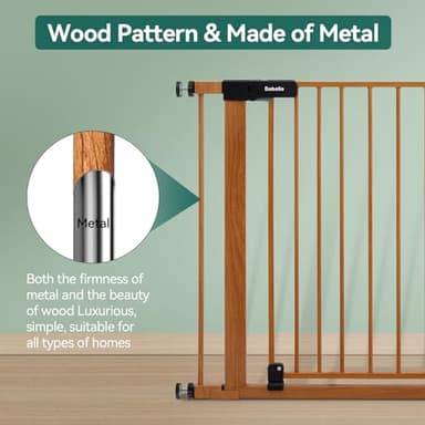 BABELIO 29-48" Metal Baby Gate with Brown Wood Pattern, Auto Close Dog Gate for The House, Stairs and Doorways, Pressure Mounted Pet Gate with Door, Safety Gate for Child and Pets - Image 3