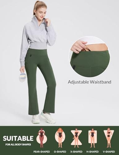 baleaf Women's Fleece Lined Leggings Water Resistant Winter Pants Thermal Warm Flare High Waist Bootcut for Outdoor Hiking Dark Army Green L - Image 6